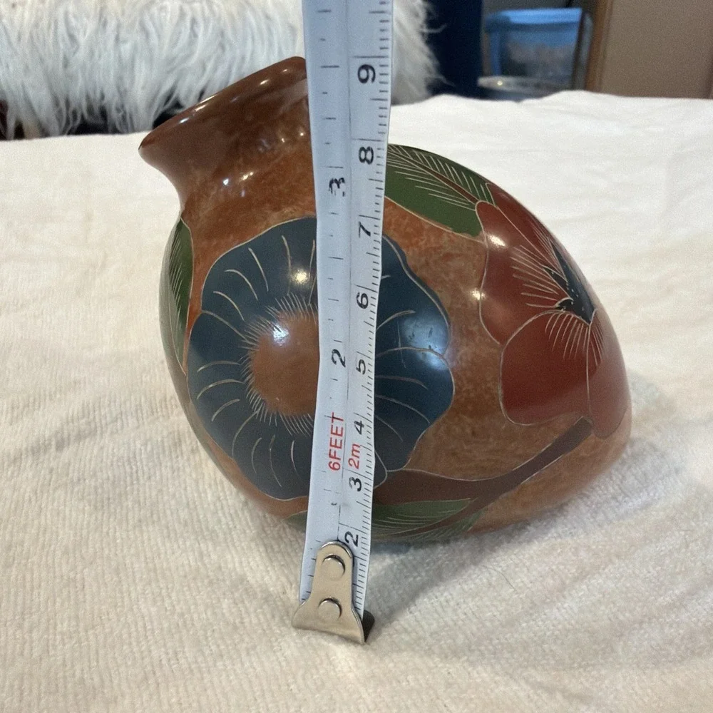 Vtg Nicaragua Hand Painted‎ Hummingbird & Flower Glazed Terracotta Vase